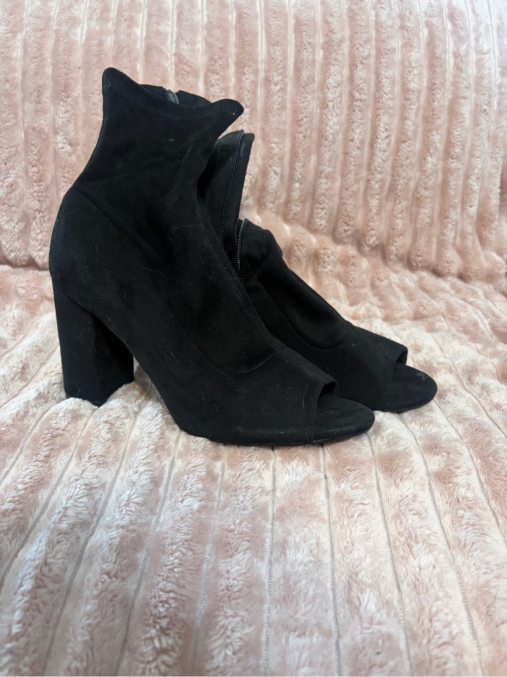 Black Suede Peep-Toe Block Heel Ankle Boots - Women